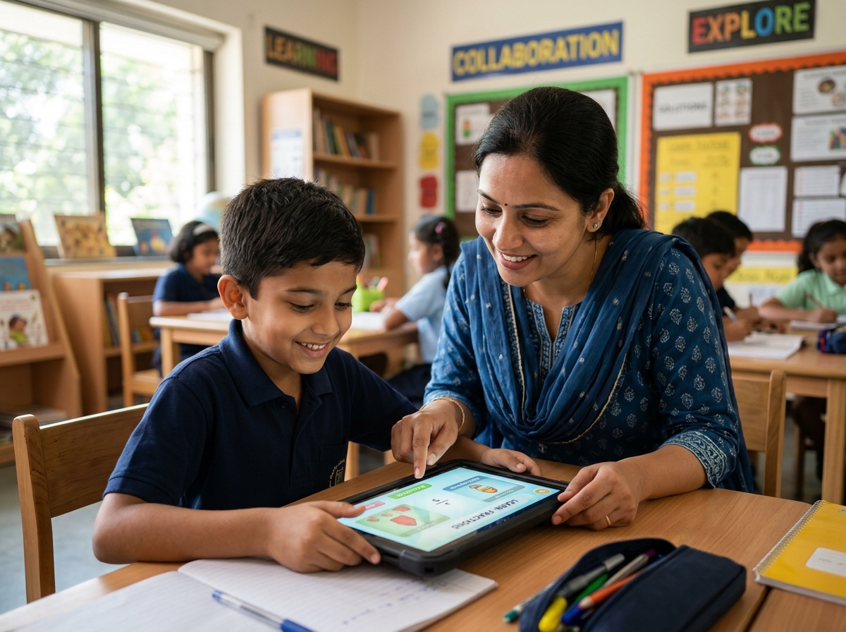 Teacher and student learning on tablet in classroom